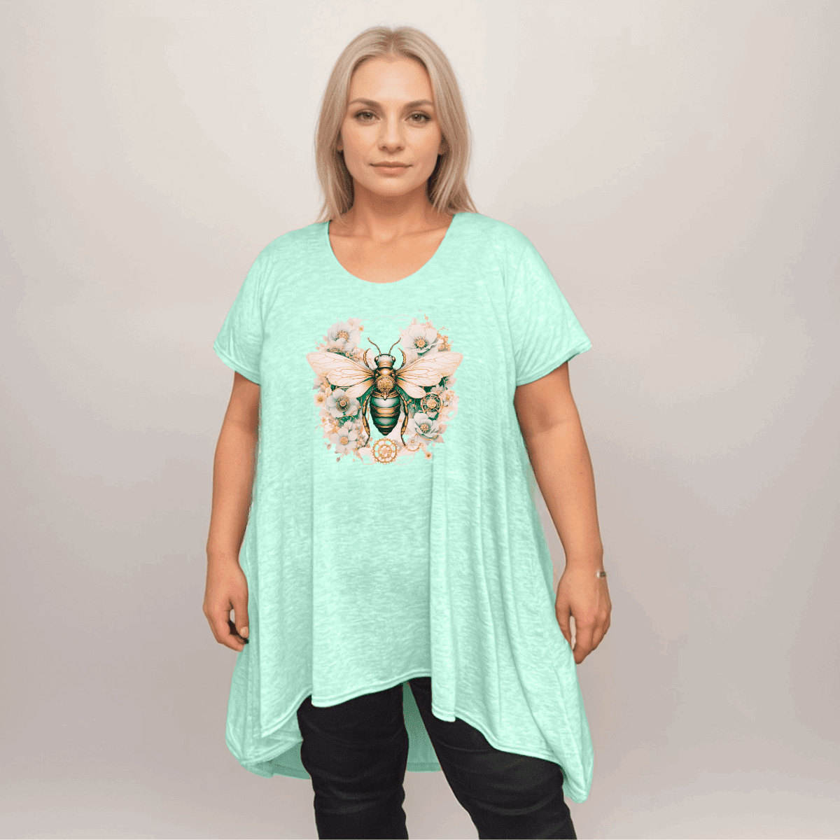 Plus‑Size Bee Print Pastel Short Sleeve Swing Top with Hanky Hem - FullFab