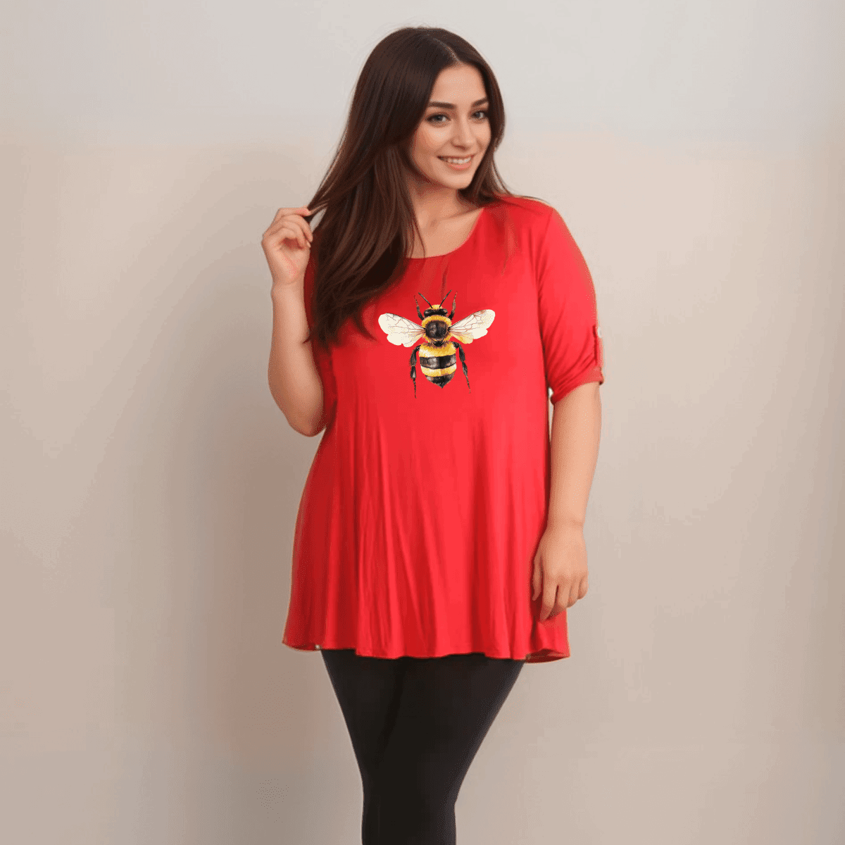 Plus‑Size Bee Print Swing Top with Button Half-Sleeves - FullFab