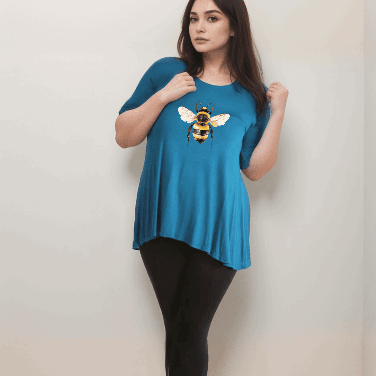 Plus‑Size Bee Print Swing Top with Button Half-Sleeves - FullFab
