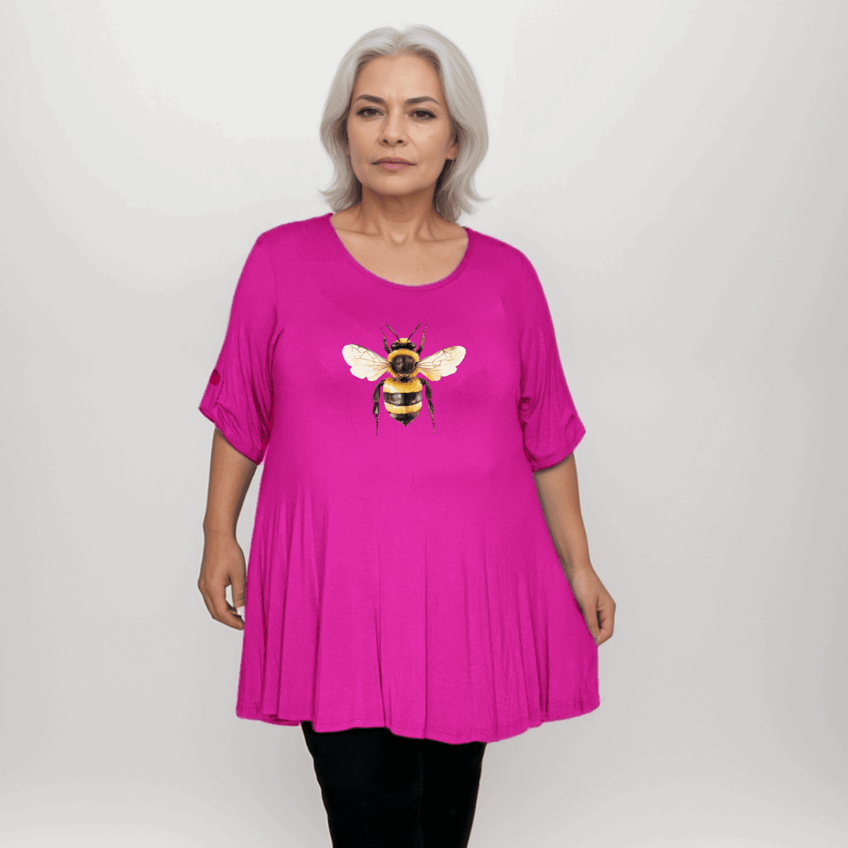 Plus‑Size Bee Print Swing Top with Button Half-Sleeves - FullFab