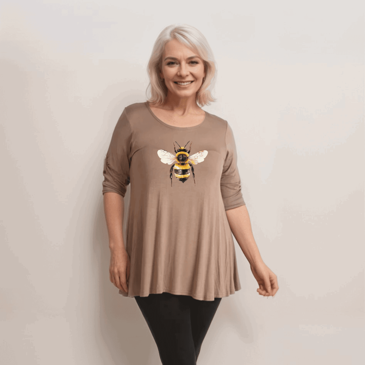 Plus‑Size Bee Print Swing Top with Button Half-Sleeves - FullFab