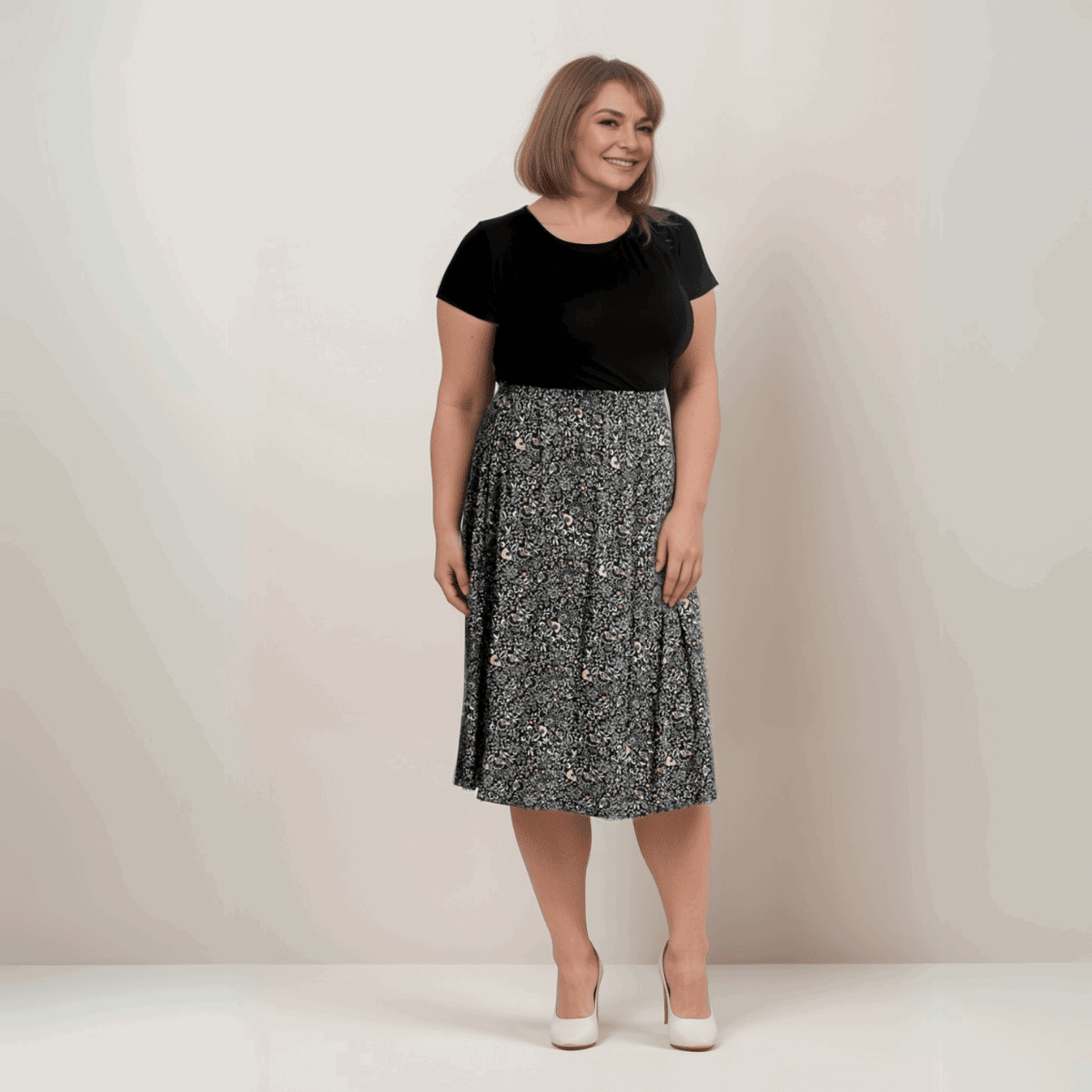 Plus‑Size Black Calf‑Length Skirt with Pink & Cream Flowers - FullFab