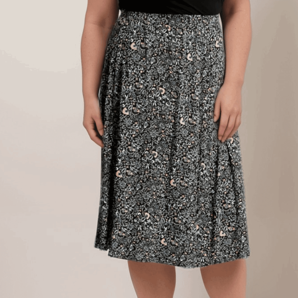 Plus‑Size Black Calf‑Length Skirt with Pink & Cream Flowers - FullFab