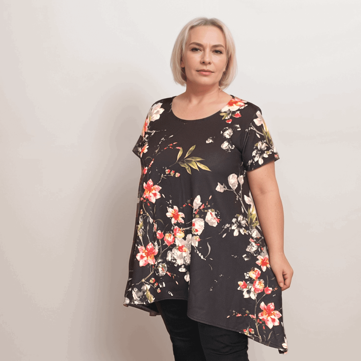 Plus‑Size Black Floral Crepe Swing Top with Hanky Hem - FullFab