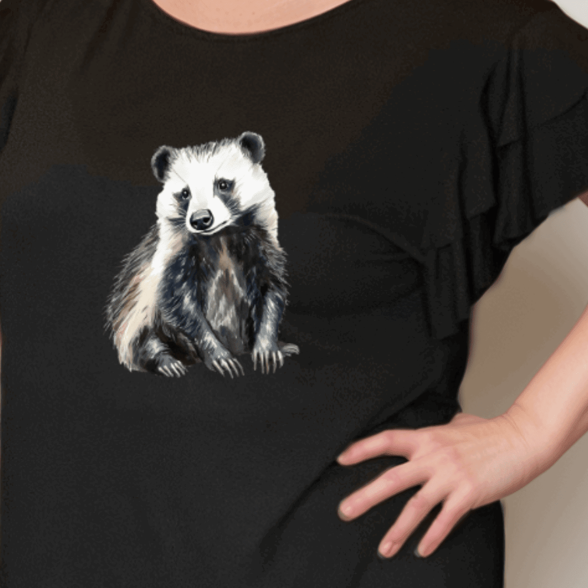Plus‑Size Black Loose Fitting Top with Badger & Frilled Sleeves - FullFab