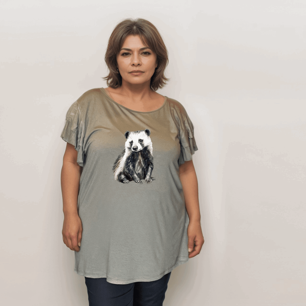 Plus‑Size Black Loose Fitting Top with Badger & Frilled Sleeves - FullFab
