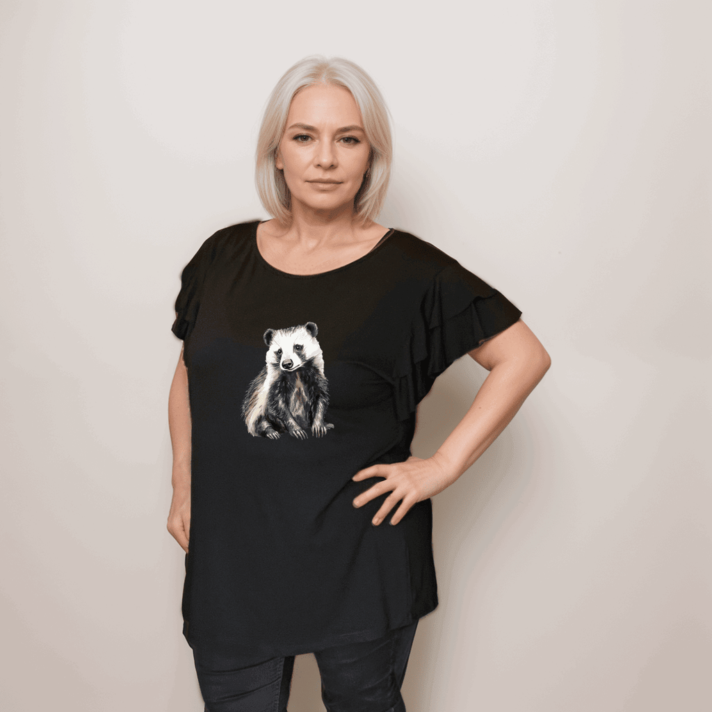 Plus‑Size Black Loose Fitting Top with Badger & Frilled Sleeves - FullFab