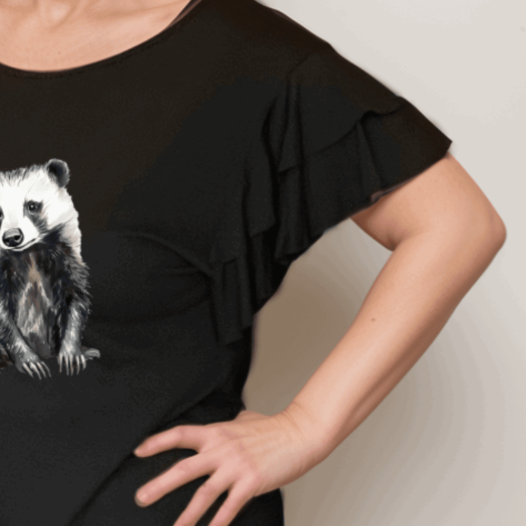 Plus‑Size Black Loose Fitting Top with Badger & Frilled Sleeves - FullFab