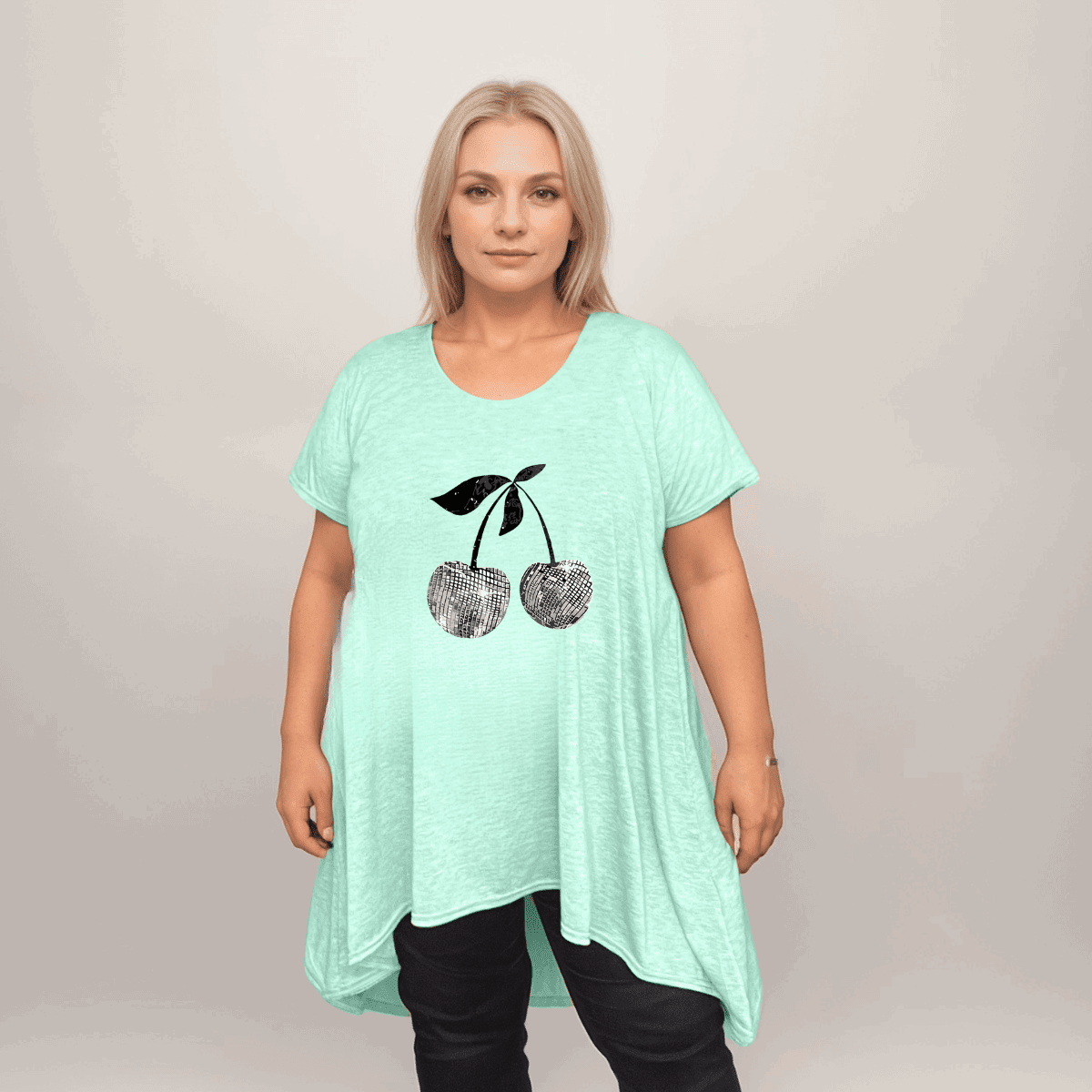 Plus‑Size Pastel Cherry Print Hanky Hem Swing Top - FullFab