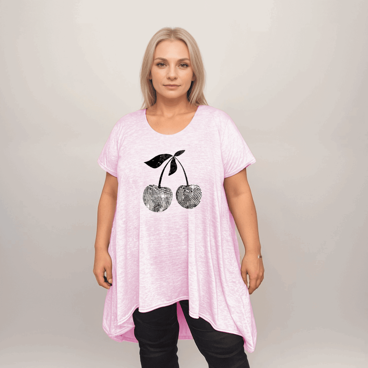 Plus‑Size Pastel Cherry Print Hanky Hem Swing Top - FullFab