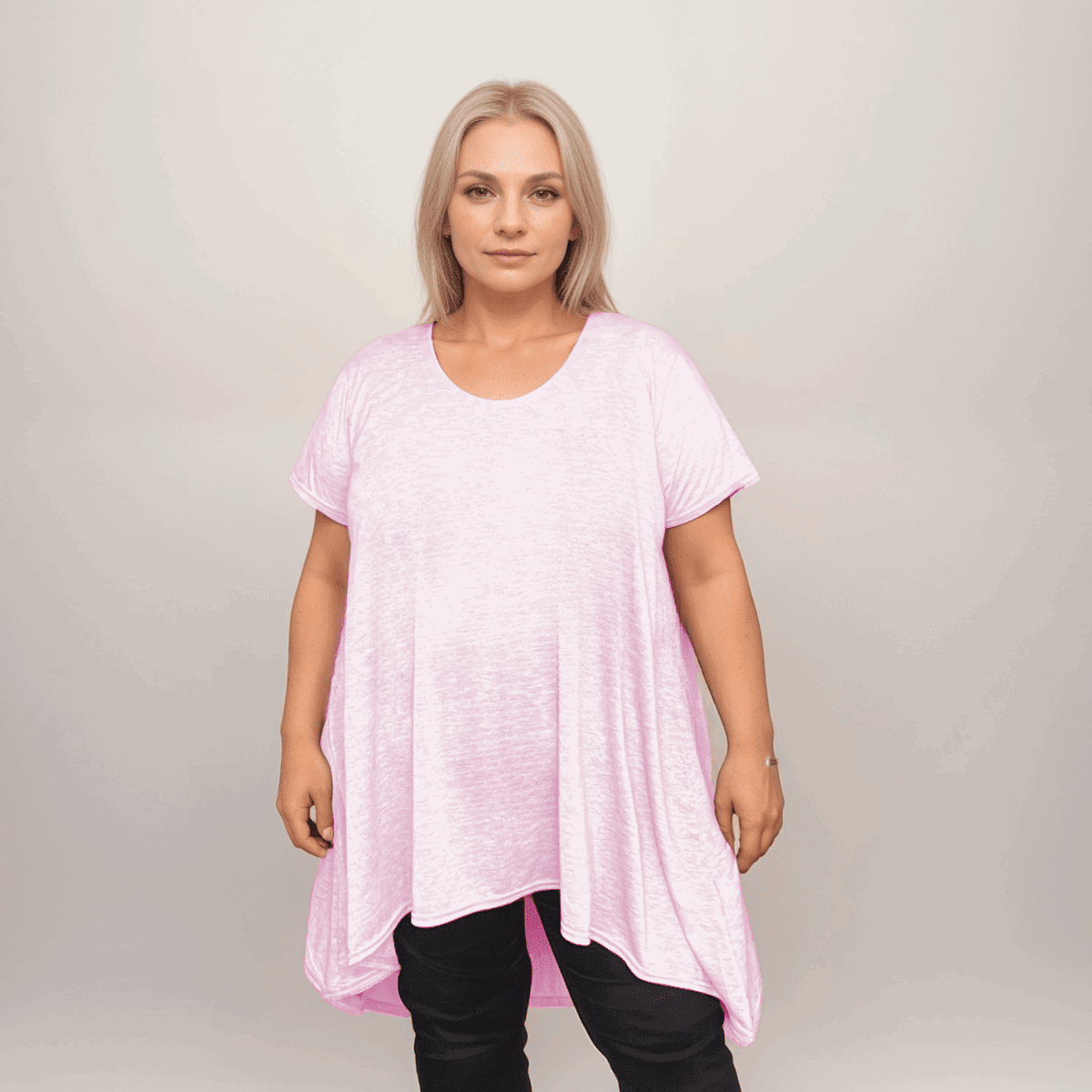 Plus‑Size Plain Pastel Short Sleeve Swing Top with Hanky Hem - FullFab