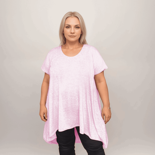 Plus‑Size Plain Pastel Short Sleeve Swing Top with Hanky Hem - FullFab