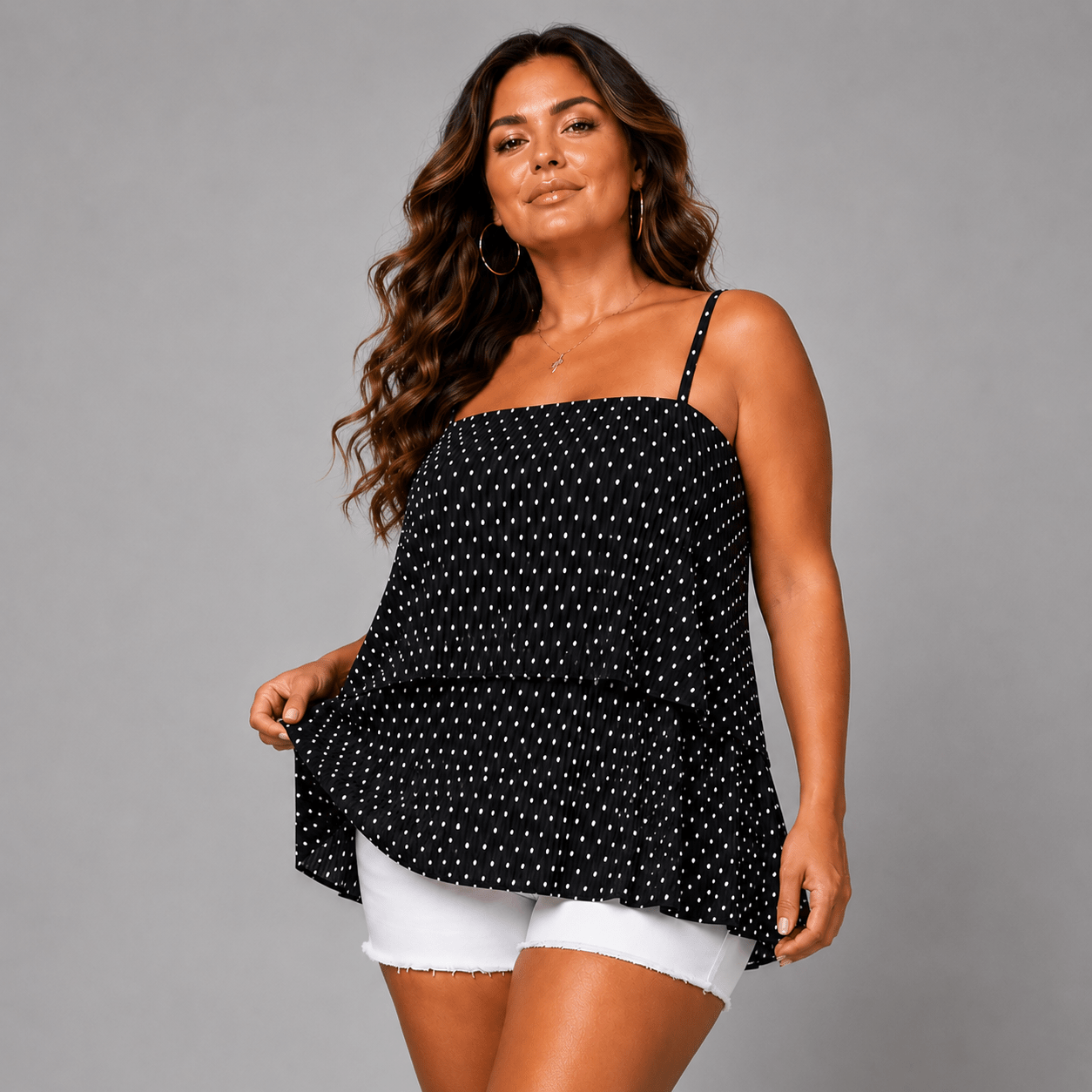 Polka Dot Strappy Pleated Layered Cami Top Blouse - FullFab