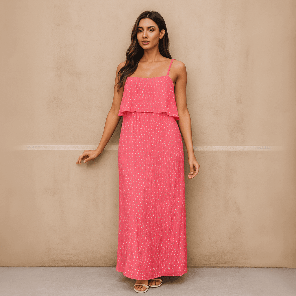 Polka Dot Pleated Strappy Maxi Dress - FullFab