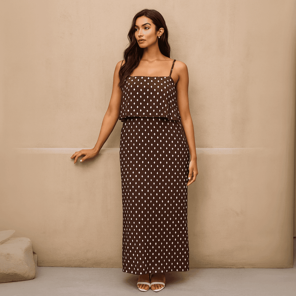 Polka Dot Pleated Strappy Maxi Dress - FullFab