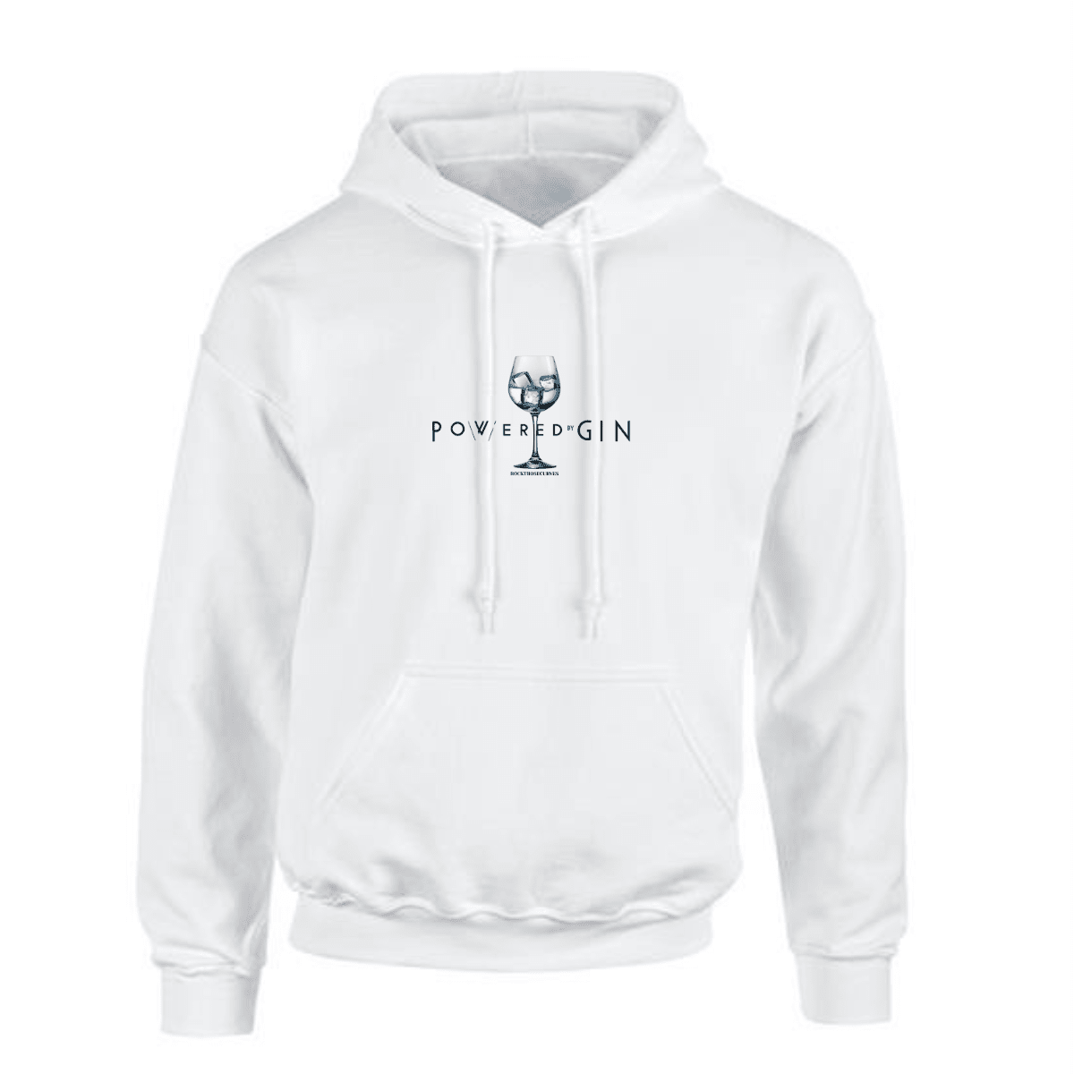 Power-Gin white hoodie featuring a stylish glass logo on the front.