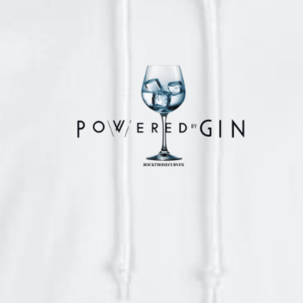 Powered by Gin hoodie featuring a glass with ice cubes and stylish text design.