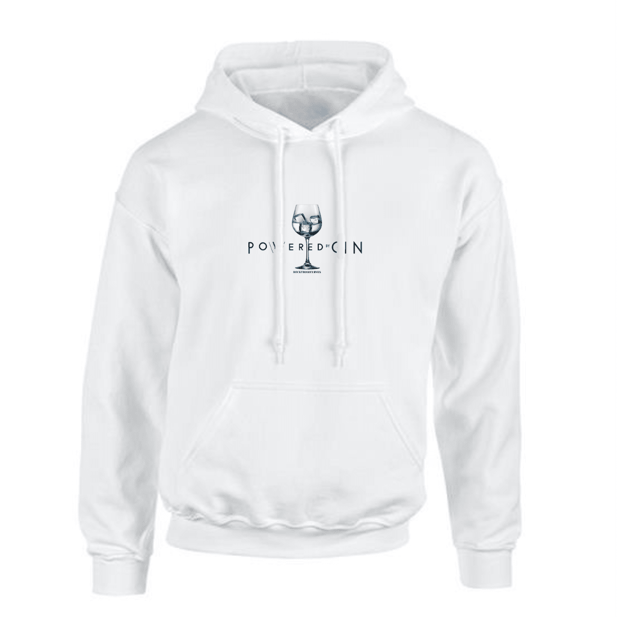 Powered Gin white hoodie featuring a stylish logo on the front.