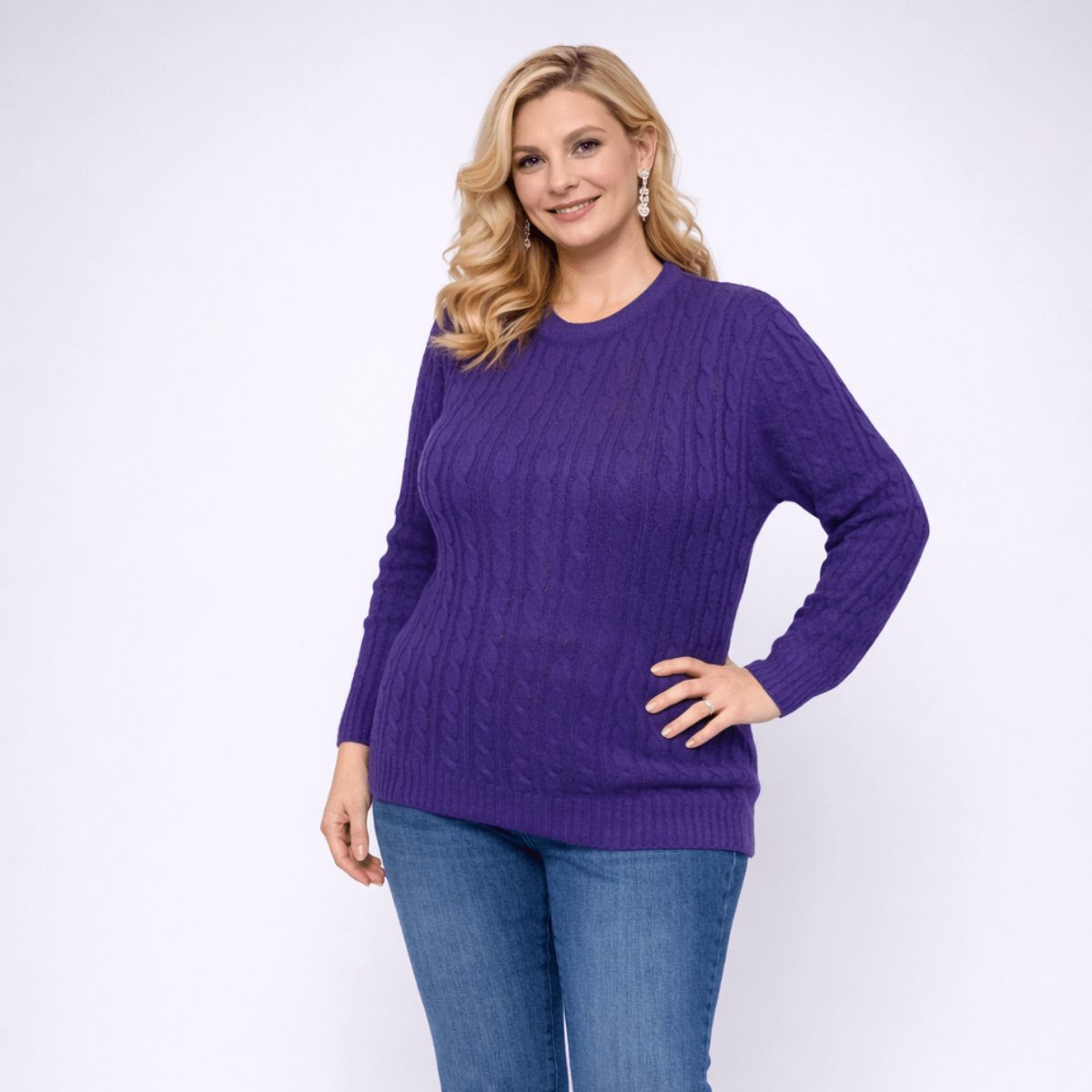 Cable Knit Long Sleeve Round Neck Jumper - FullFab
