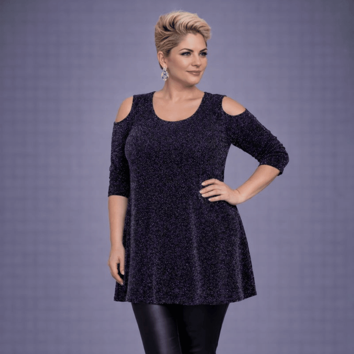 Sparkly 1/2 Sleeve Swing Top with Cold Shoulders - FullFab