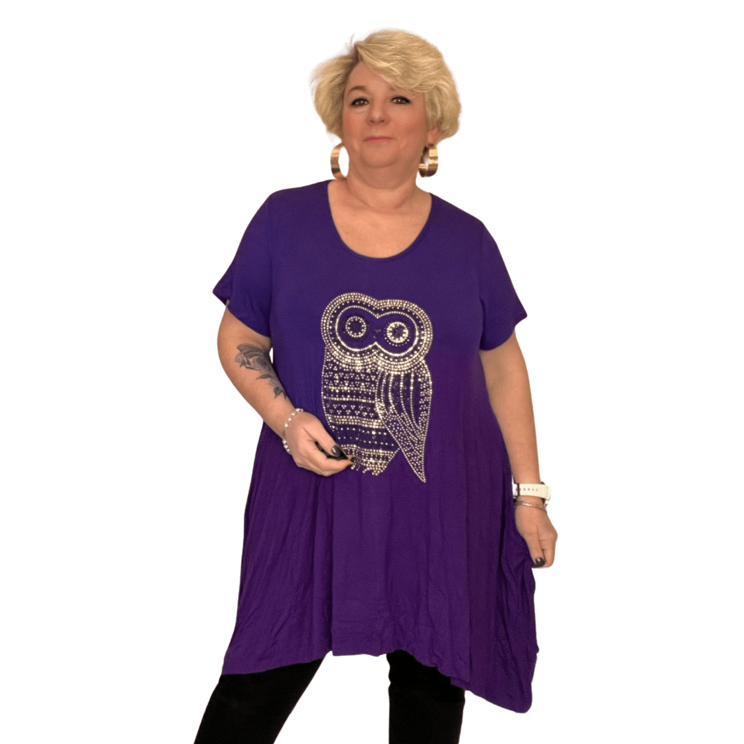 ROCKTHOSECURVES SHORT SLEEVE HANKY HEM STUDDED OWL LONG LENGTH TOP - FullFab