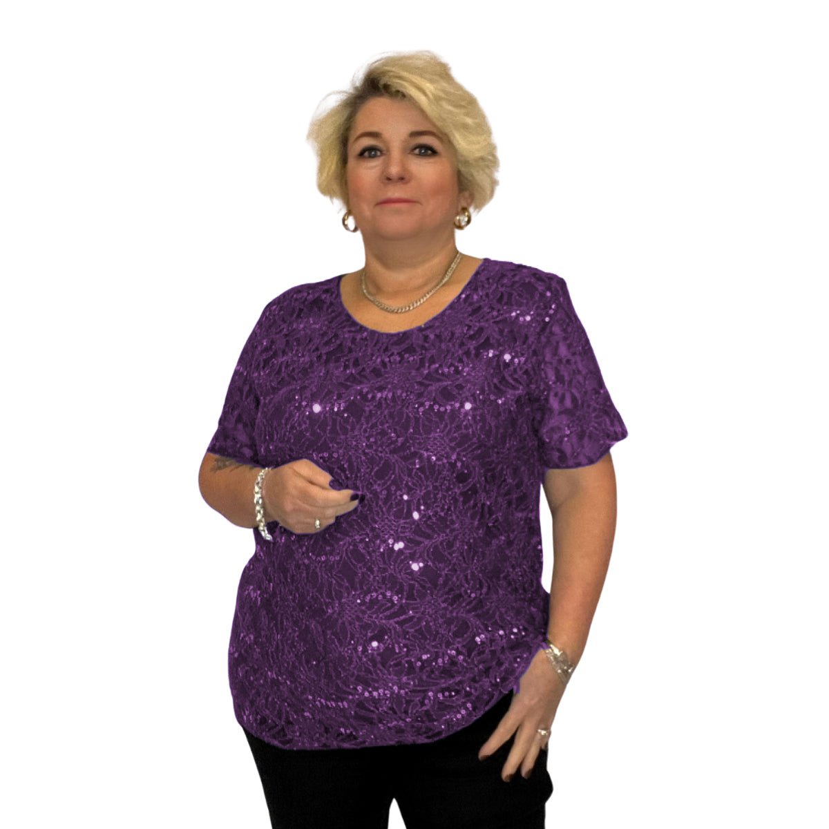 ROCKTHOSECURVES SEQUIN AND LACE SHORT SLEEVE BLOUSE / TOP - FullFab