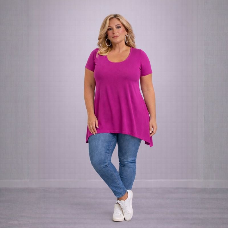 Plain Short Sleeve Hanky Hem Swing Top - FullFab