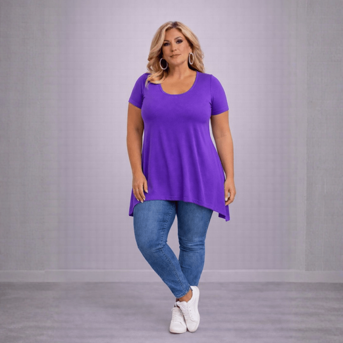 Plain Short Sleeve Hanky Hem Swing Top - FullFab