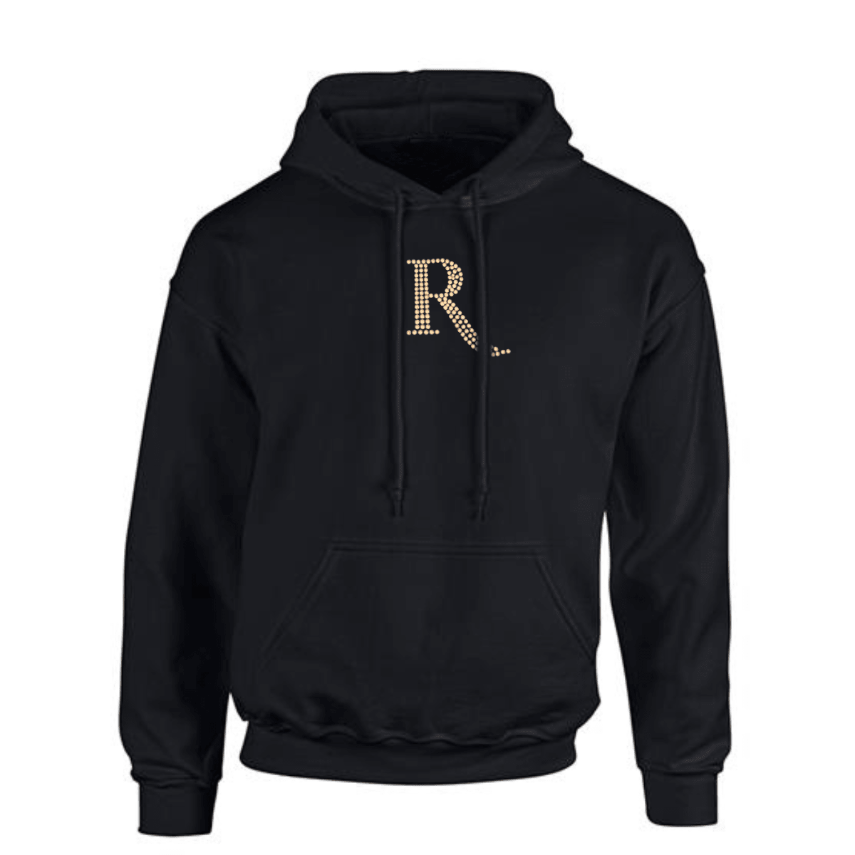 R Hoodie in black featuring a stylish gold letter R design.
