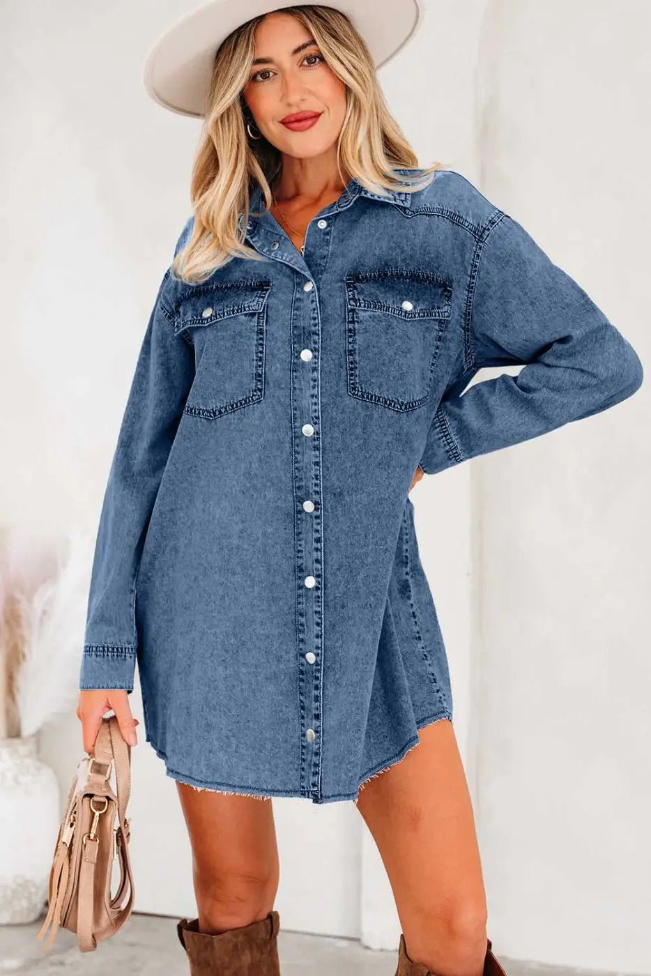Raw Hem Oversized Denim Shirt Dress Women UK - FullFab