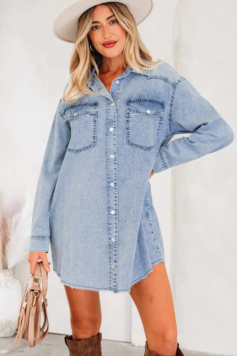 Raw Hem Oversized Denim Shirt Dress Women UK - FullFab