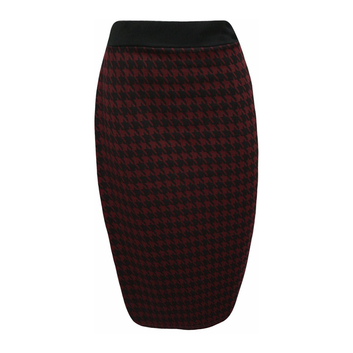 Red houndstooth pencil skirt with a black waistband, perfect for stylish outfits.