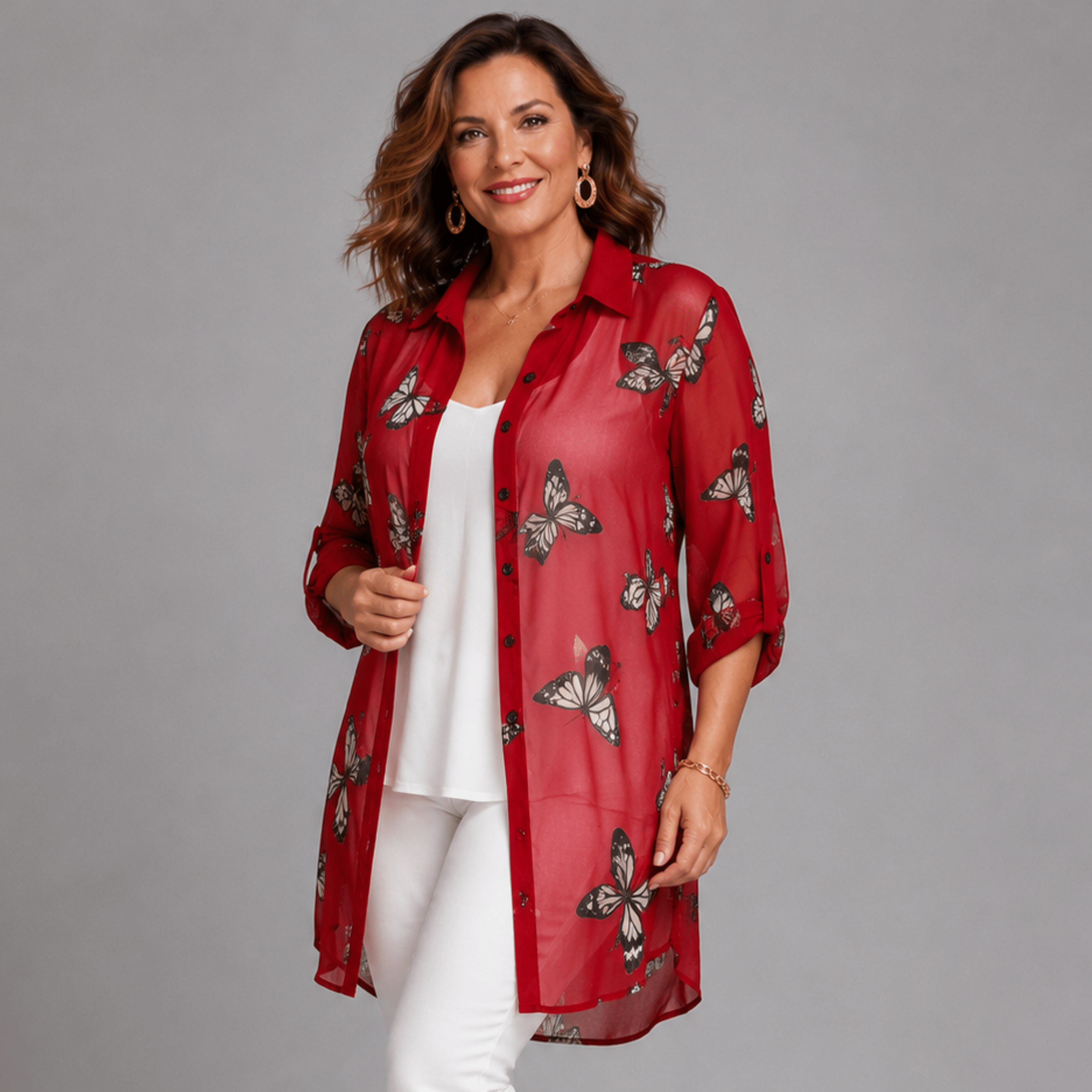 Long Length Chiffon Blouse / Shirt with Butterfly Print - FullFab