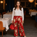 Red Floral Crinkle Pleated Trousers - FullFab