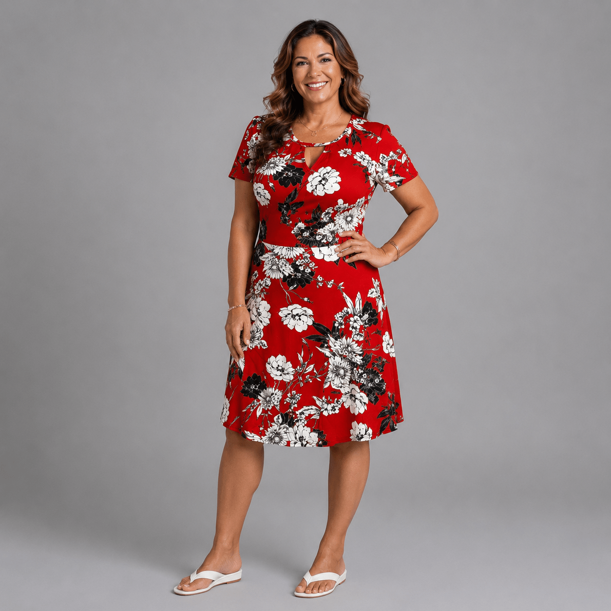 Red Floral Short Sleeve Mock Wrap Skater Dress - FullFab