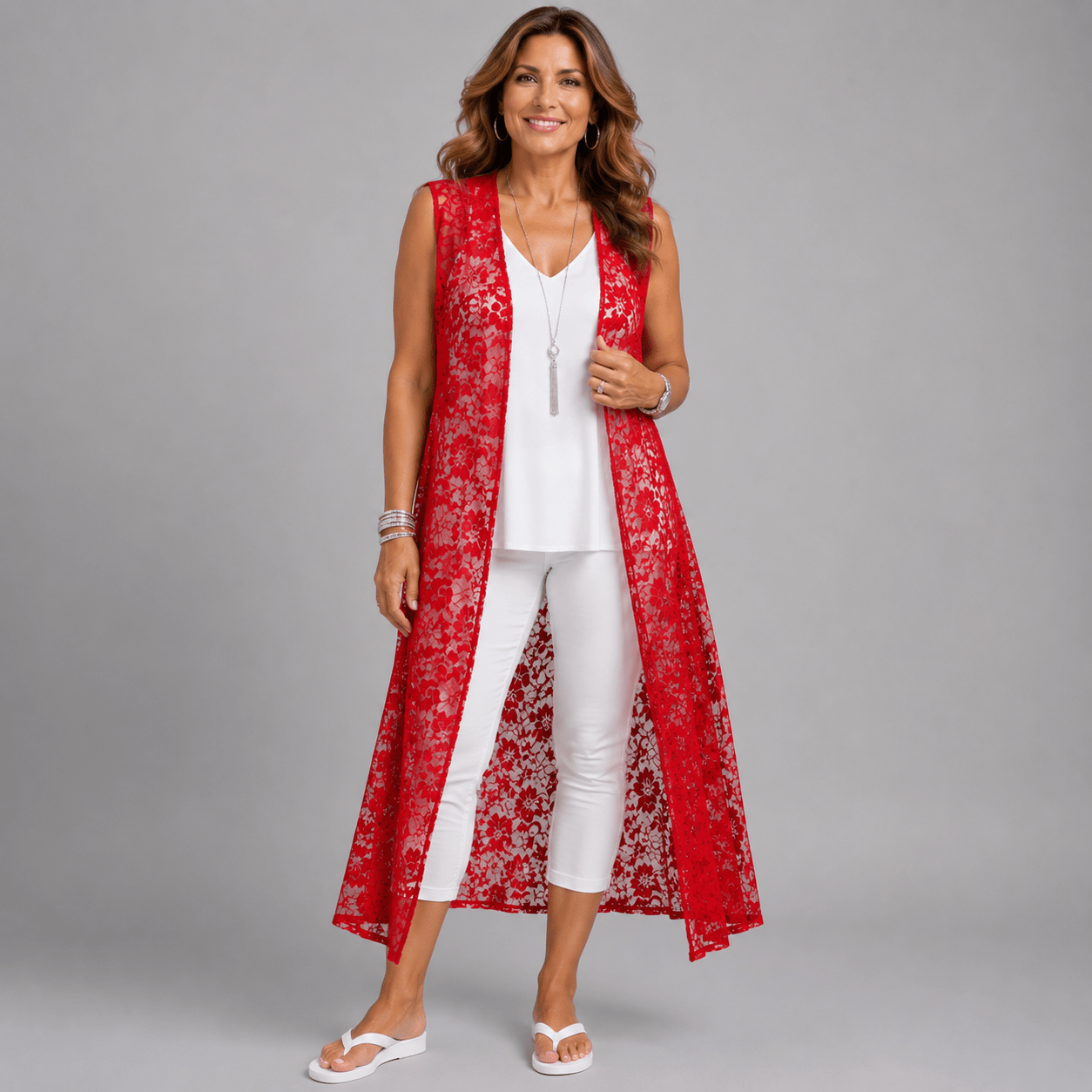 Sleeveless Lace Open Front Duster Jacket - FullFab