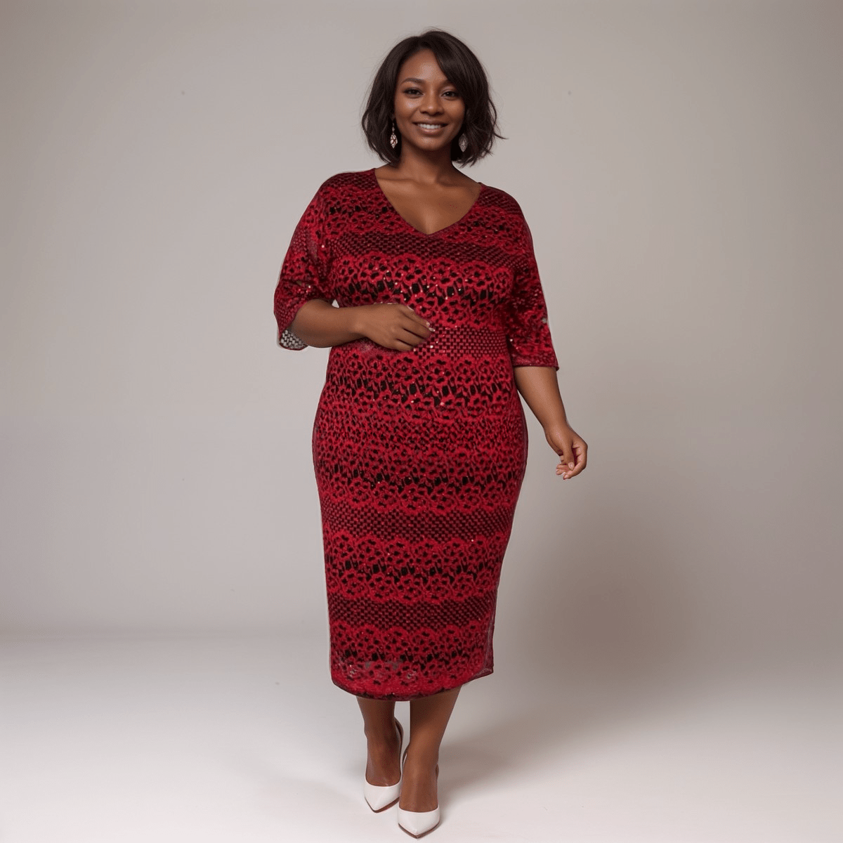 SPARKLY V NECK FITTED DRESS WITH BELL SLEEVES - FullFab