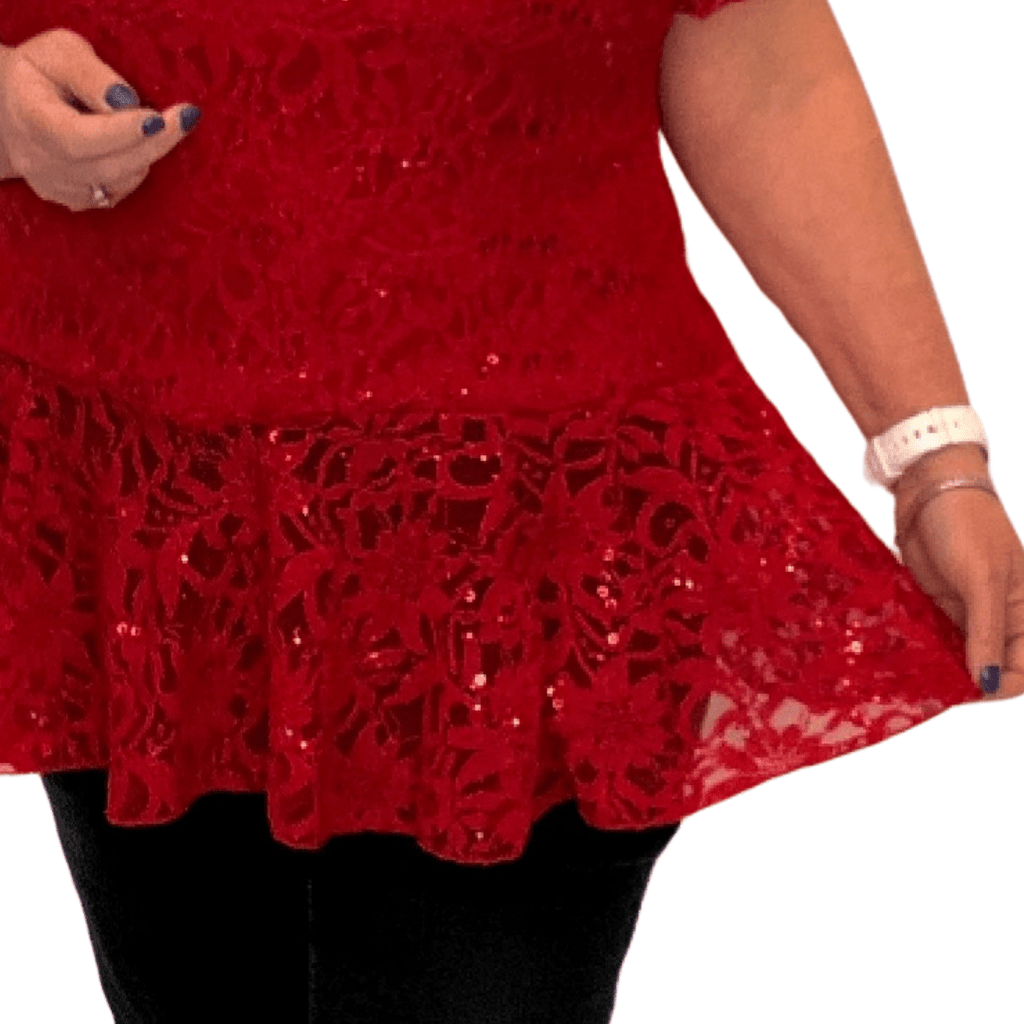 Sequin & Lace Short Sleeve Peplum Blouse - FullFab