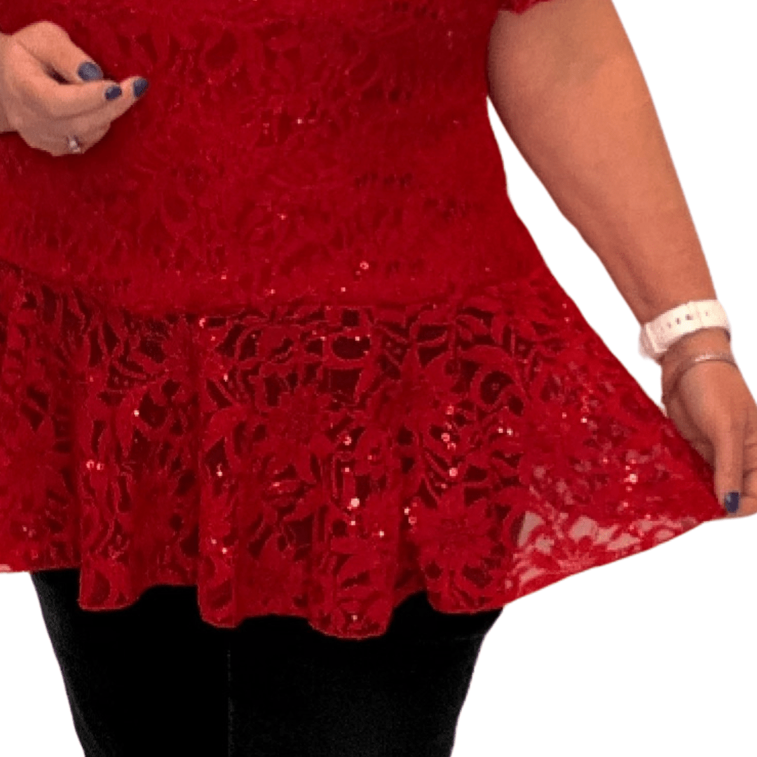 Sequin & Lace Short Sleeve Peplum Blouse - FullFab
