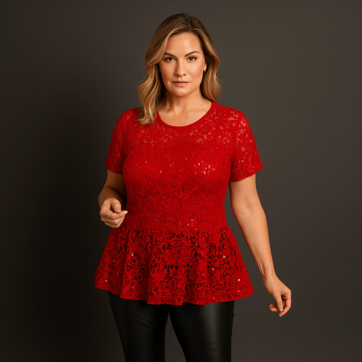 Sequin & Lace Short Sleeve Peplum Blouse - FullFab
