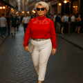Polo Neck Lace Neckline Long Sleeve Top - FullFab