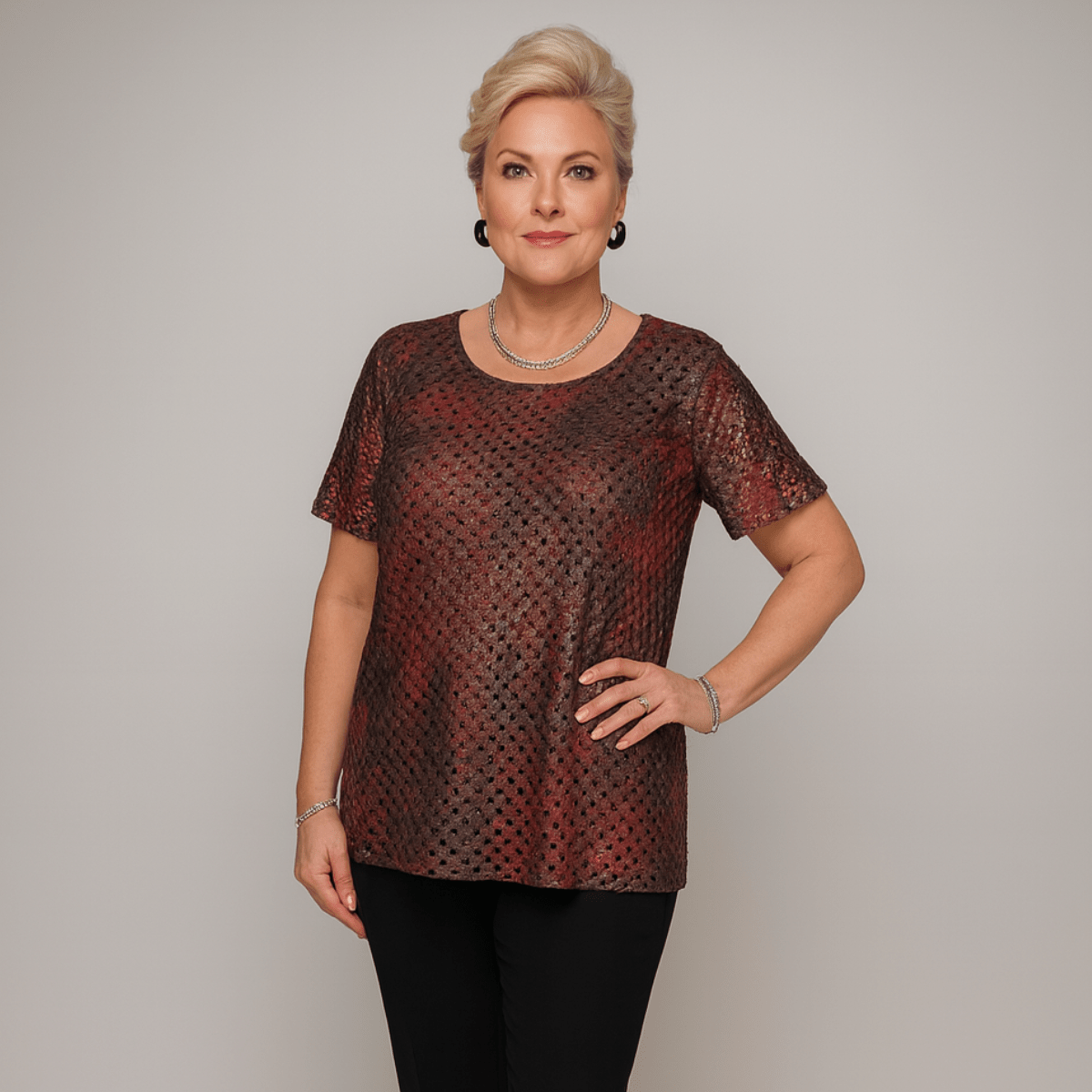 Sparkly Metallic Thread Short Sleeve Lace Blouse - FullFab
