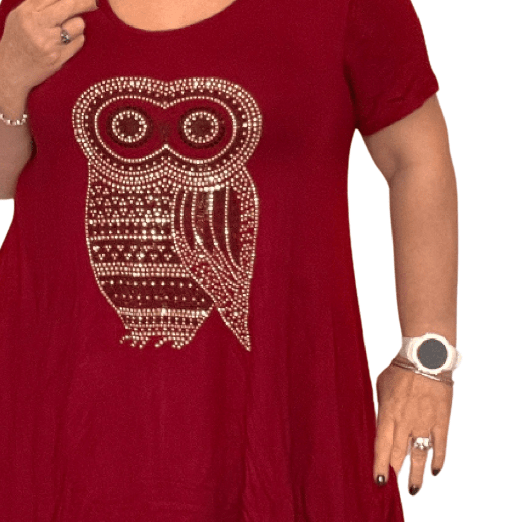 ROCKTHOSECURVES SHORT SLEEVE HANKY HEM STUDDED OWL LONG LENGTH TOP - FullFab