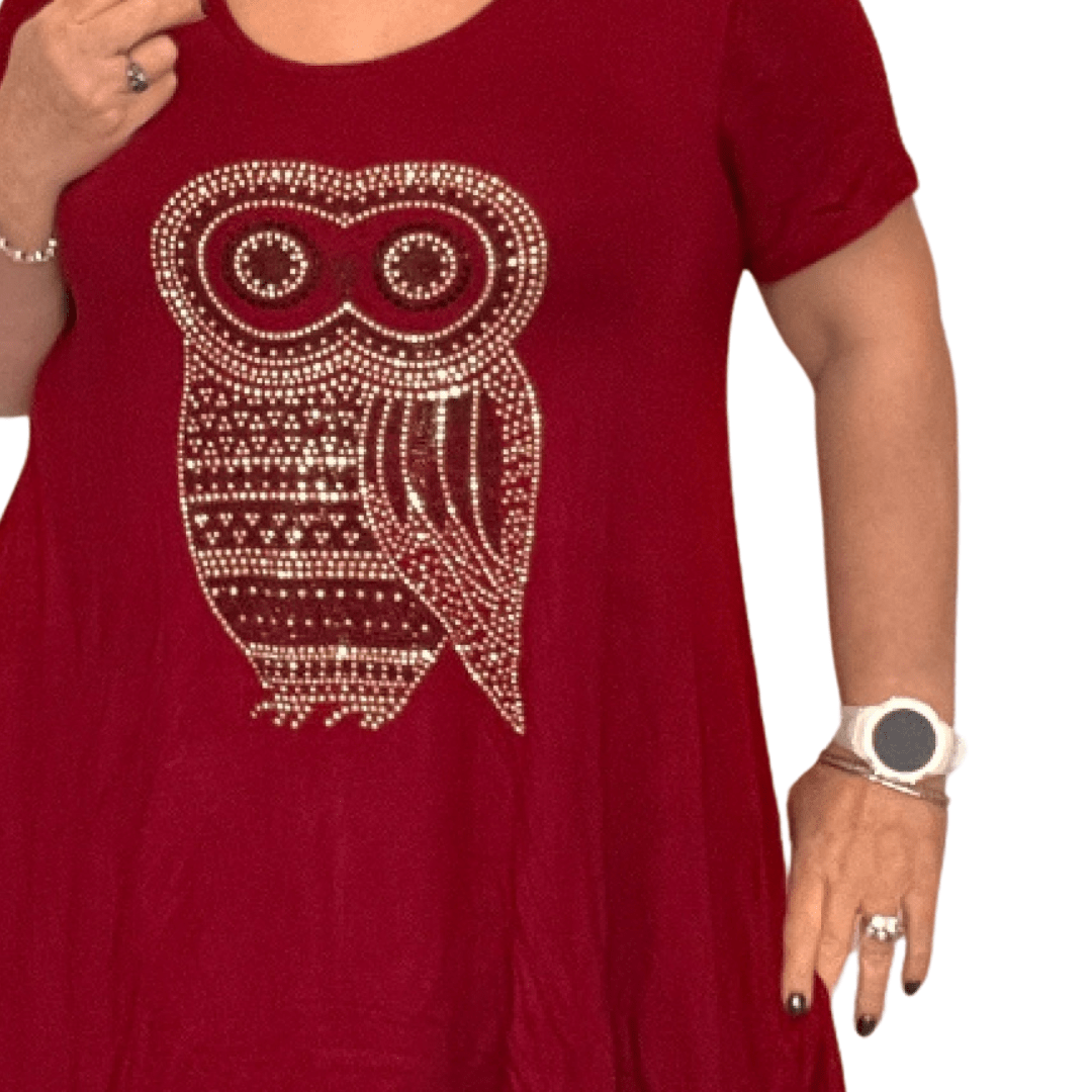 ROCKTHOSECURVES SHORT SLEEVE HANKY HEM STUDDED OWL LONG LENGTH TOP - FullFab