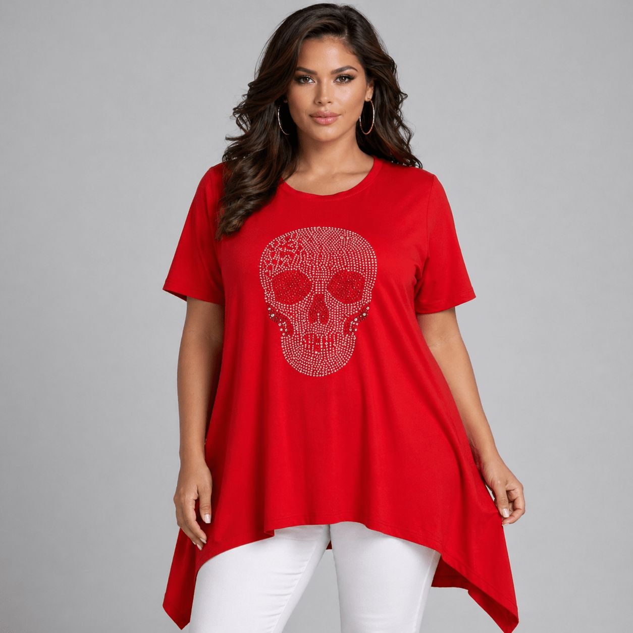 Red Skull Graphic Tunic featuring a stylish skull design and a flowy silhouette.
