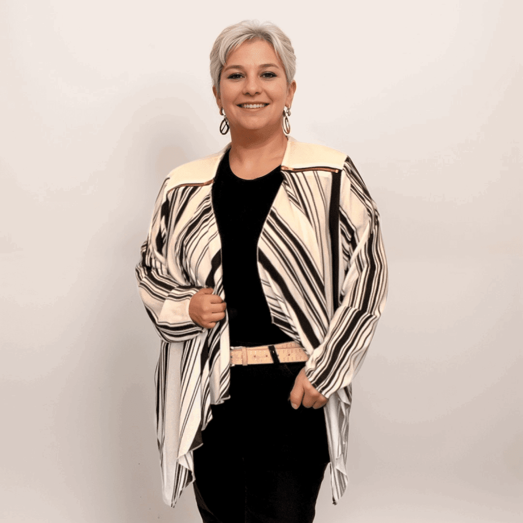 ROCKTHOSECURVES BLACK WHITE STRIPED WATERFALL JACKET WITH FEATURE ZIP SHOULDERS - FullFab