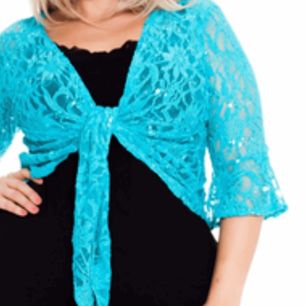 ROCKTHOSECURVES SEQUIN LACE 1/2 BELL SLEEVE TIE FRONT SHRUG / BOLERO JACKET - FullFab