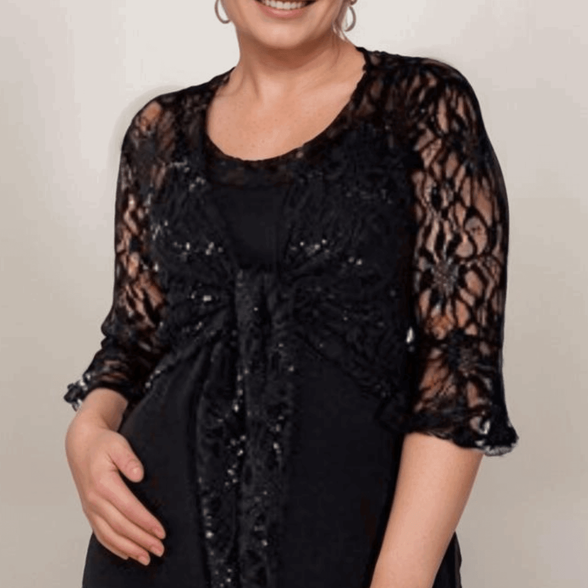 ROCKTHOSECURVES SEQUIN LACE 1/2 BELL SLEEVE TIE FRONT SHRUG / BOLERO JACKET - FullFab