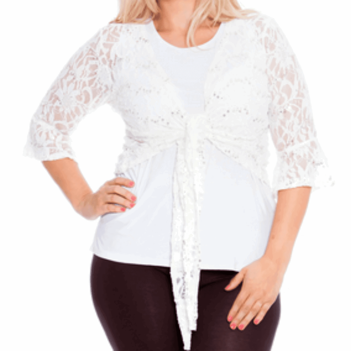 ROCKTHOSECURVES SEQUIN LACE 1/2 BELL SLEEVE TIE FRONT SHRUG / BOLERO JACKET - FullFab