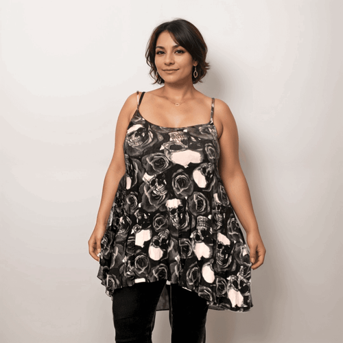 ROCKTHOSECURVES SKULLS + ROSES CAMI VEST SWING TOP WITH HANKY HEM - FullFab